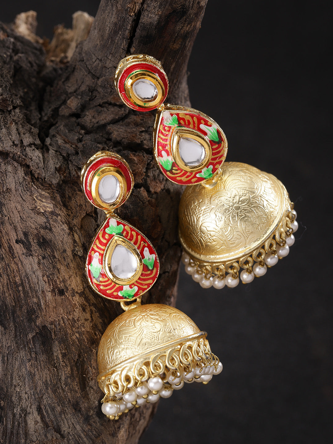 Taksh Creation Gold-Plated Enamelled & Beaded Handcrafted Dome Shaped Jhumkas