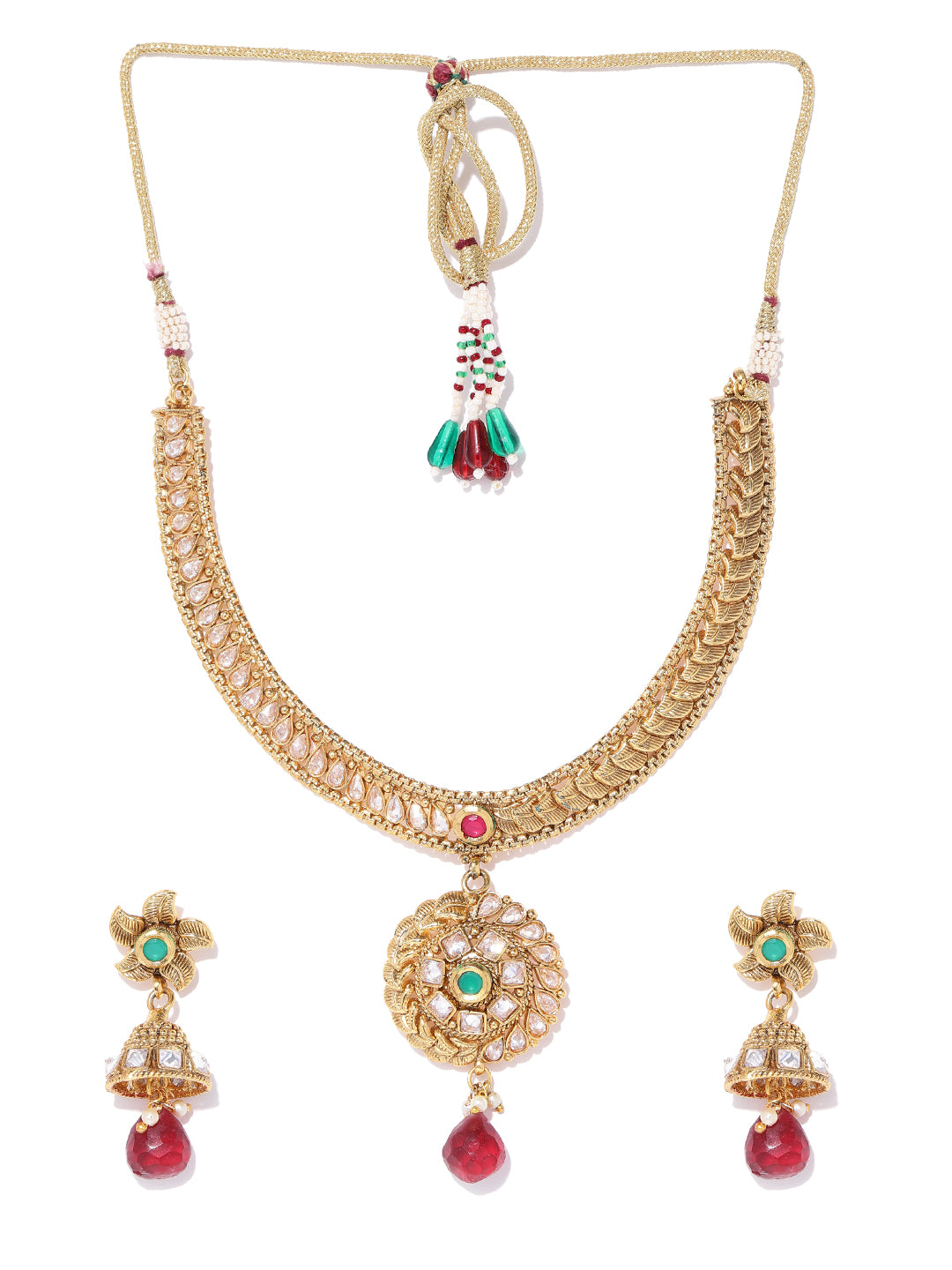 Taksh Creation Gold-Plated Stone-Studded Handcrafted Textured Jewellery Set