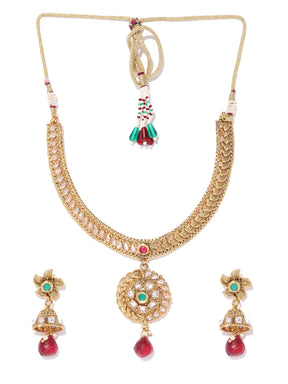 Taksh Creation Gold-Plated Stone-Studded Handcrafted Textured Jewellery Set