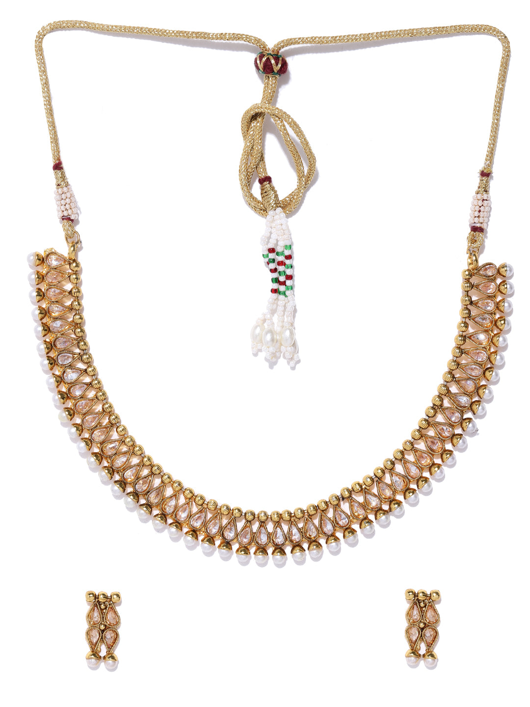 Taksh Creation Gold-Plated Stone-Studded Handcrafted Textured Jewellery Set