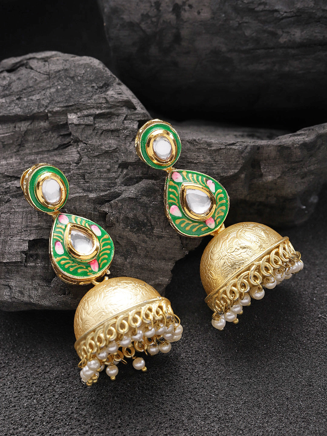 Taksh Creation Gold-Plated Enamelled & Beaded Handcrafted Dome Shaped Jhumkas