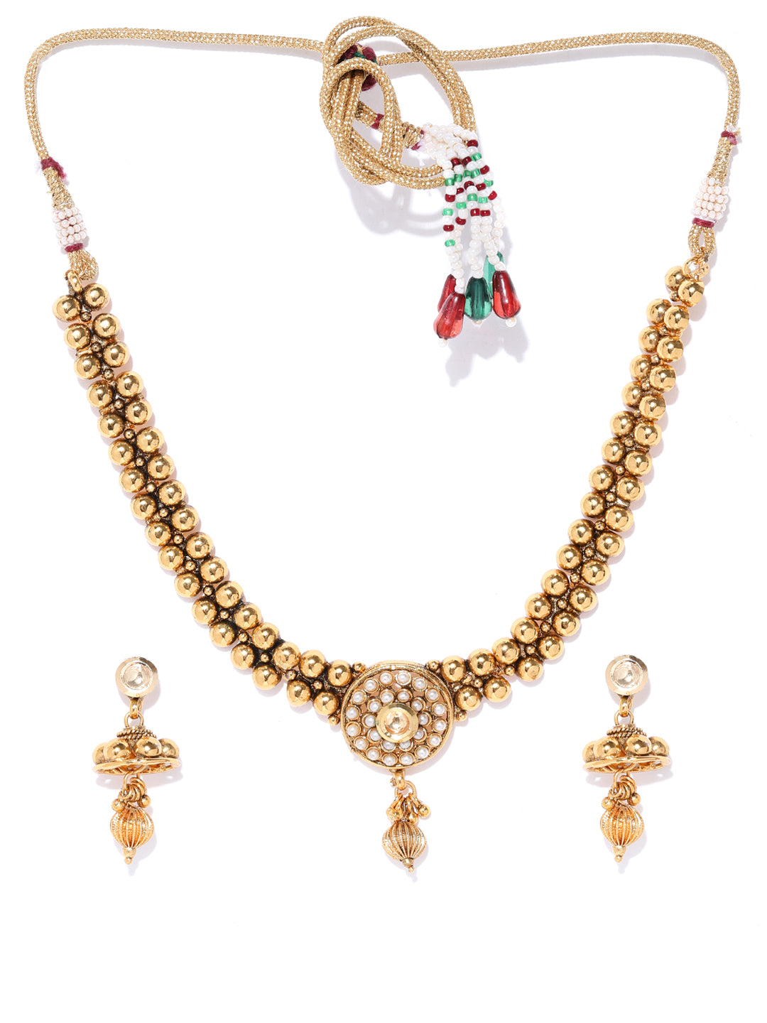 Taksh Creation Gold-Plated Stone-Studded Handcrafted Textured Jewellery Set