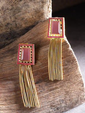 Taksh Creation Gold-Plated Handcrafted Tasseled Geometric Drop Earrings