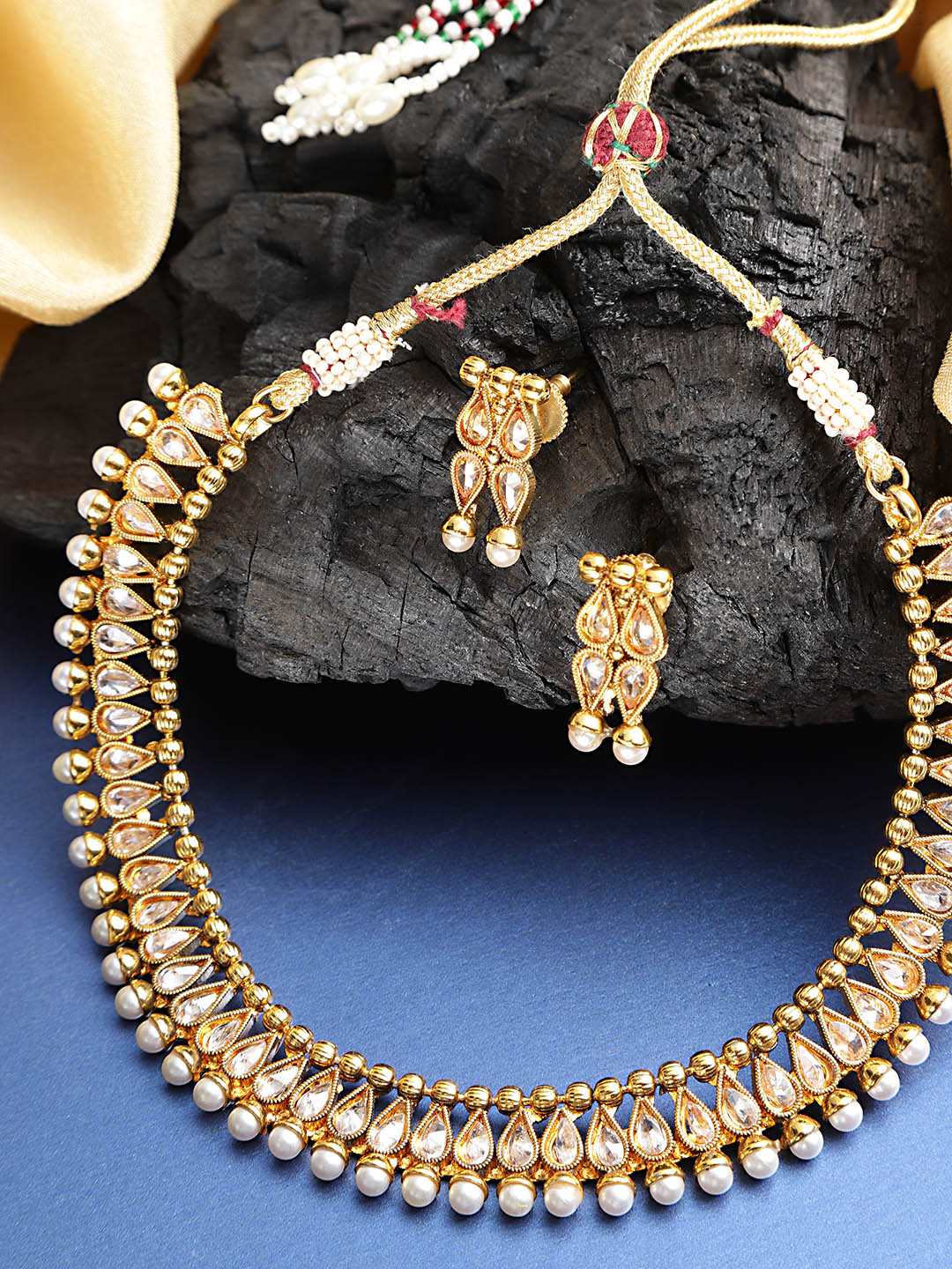 Taksh Creation Gold-Plated Stone-Studded Handcrafted Textured Jewellery Set