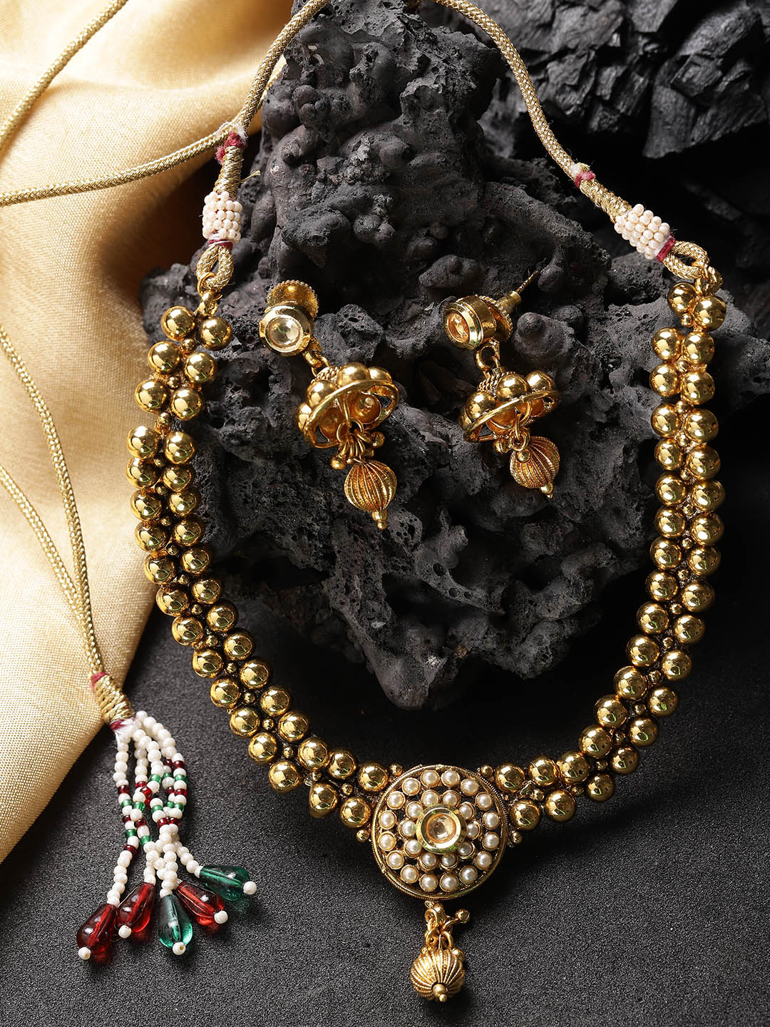 Taksh Creation Gold-Plated Stone-Studded Handcrafted Textured Jewellery Set