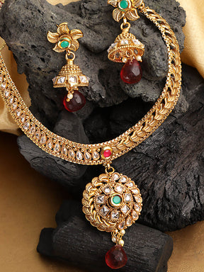 Taksh Creation Gold-Plated Stone-Studded Handcrafted Textured Jewellery Set