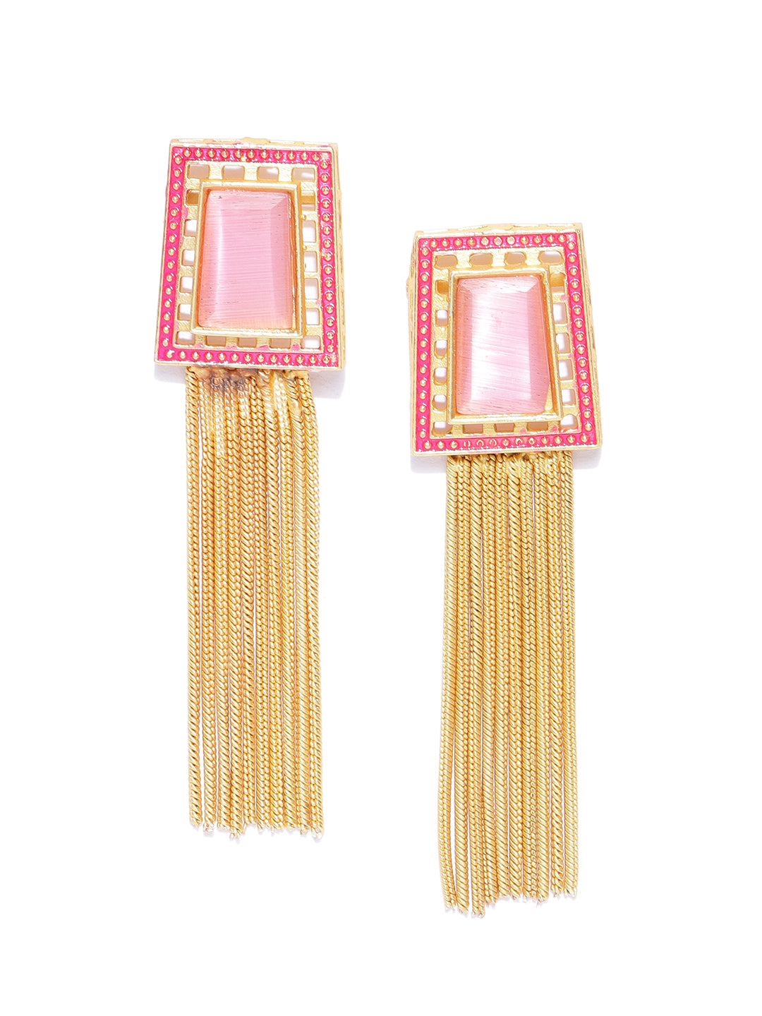 Taksh Creation Gold-Plated Handcrafted Tasseled Geometric Drop Earrings