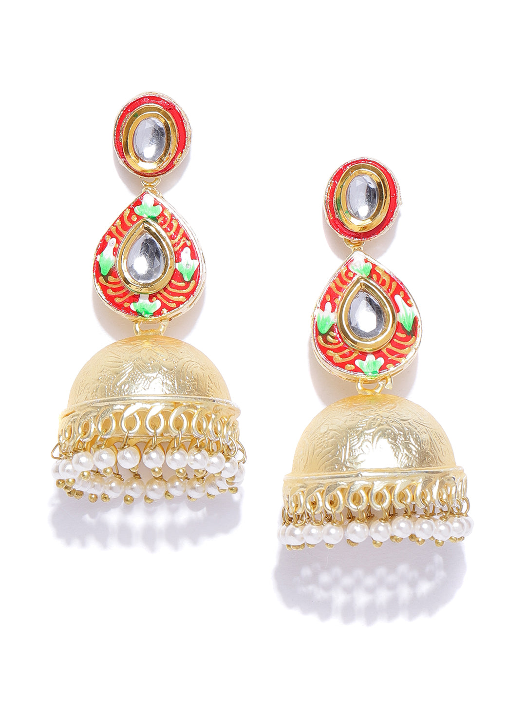 Taksh Creation Gold-Plated Enamelled & Beaded Handcrafted Dome Shaped Jhumkas