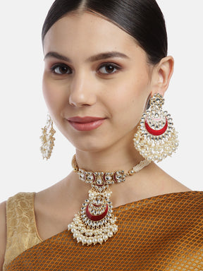 Maroon & Off-White Gold-Plated Kundan & Beaded Enamelled Jewellery Set