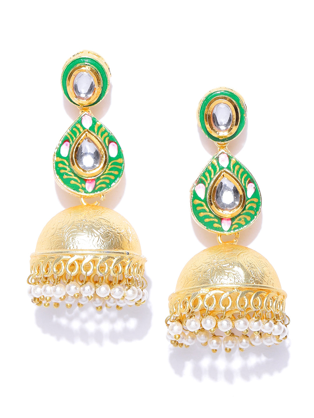 Taksh Creation Gold-Plated Enamelled & Beaded Handcrafted Dome Shaped Jhumkas