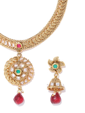 Taksh Creation Gold-Plated Stone-Studded Handcrafted Textured Jewellery Set