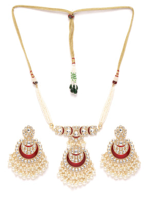 Maroon & Off-White Gold-Plated Kundan & Beaded Enamelled Jewellery Set