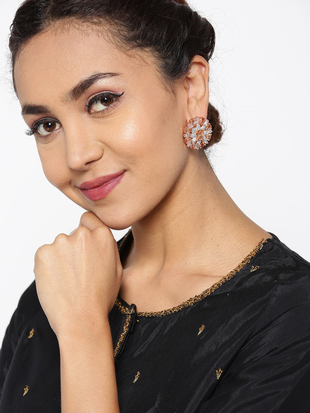 Taksh Creation Rose Gold-Plated Handcrafted CZ Studded Circular Drop Earrings