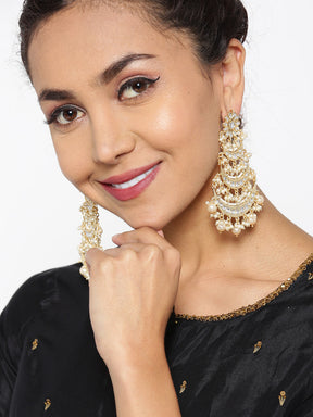 Taksh Creation Off-White Gold-Plated Handcrafted Kundan Studded Beaded Chandbalis