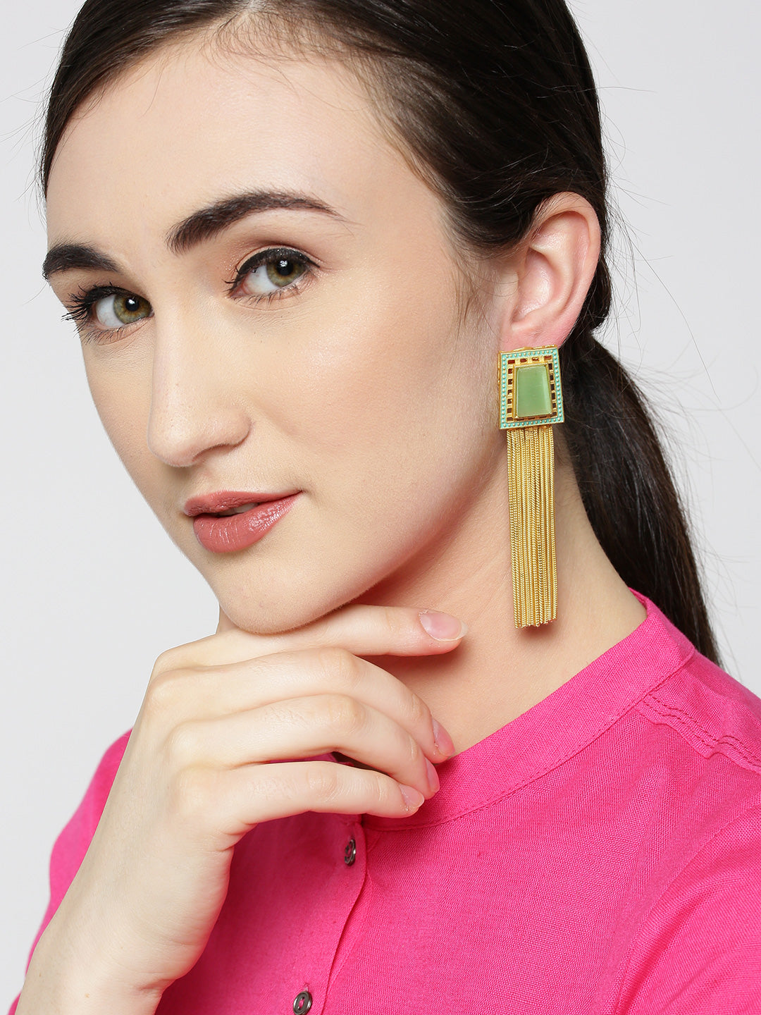 Taksh Creation Gold-Plated Handcrafted Tasseled Geometric Drop Earrings