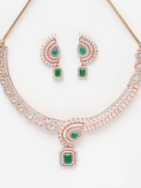 Taksh Creation Rose Gold-Plated Green & White AD-Studded Jeweler Set