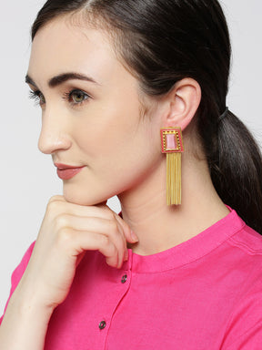 Taksh Creation Gold-Plated Handcrafted Tasseled Geometric Drop Earrings