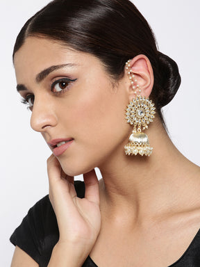 TAKSH CREATION Gold-Plated Kundan Studded & Beaded Handcrafted Dome Shaped Jhumkas