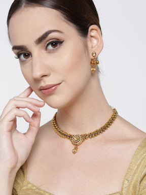 Taksh Creation Gold-Plated Stone-Studded Handcrafted Textured Jewellery Set