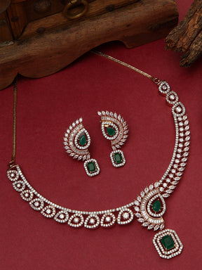 Taksh Creation Rose Gold-Plated Green & White AD-Studded Jeweler Set