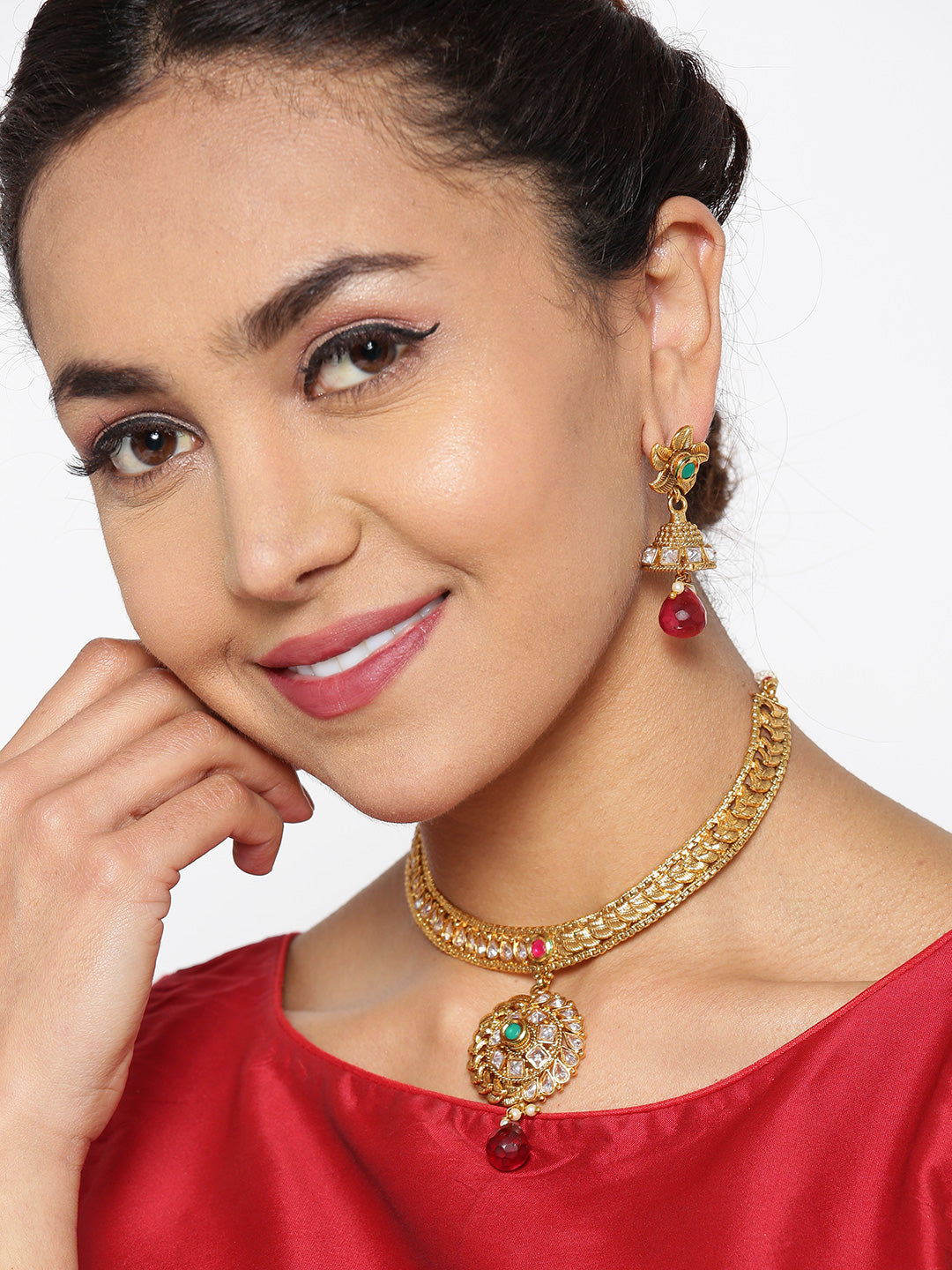 Taksh Creation Gold-Plated Stone-Studded Handcrafted Textured Jewellery Set