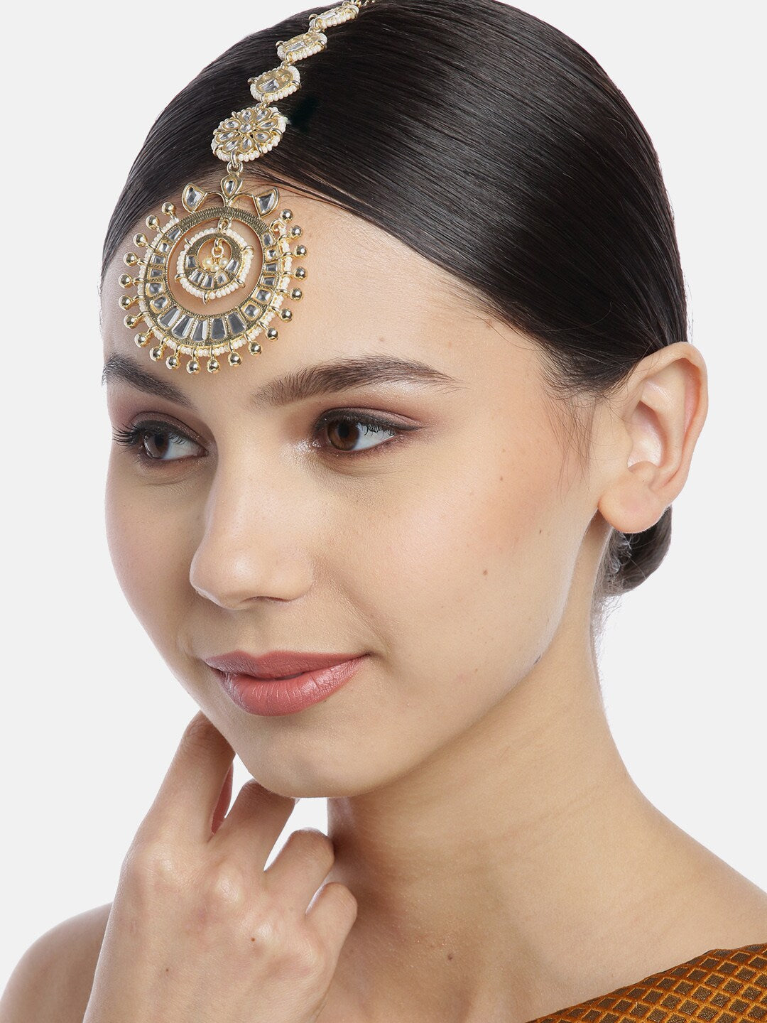 Taksh Creation Gold-Plated Kundan  & Beaded Maang Tika