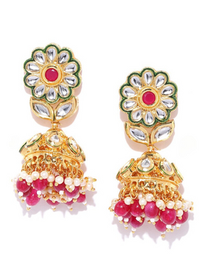 Taksh Creation Maroon Gold-Plated Handcrafted Kundan Beaded Dome Shaped Jhumkas