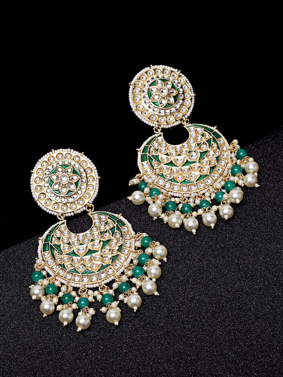 TAKSH CREATION Green & Gold-Toned Crescent Shaped Chandbalis