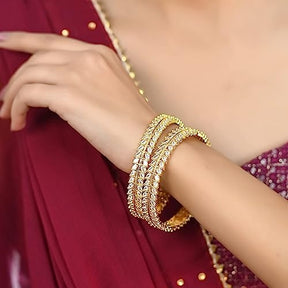 Taksh Creation Gold-Plated & White Stone-Studded Handcrafted Bangles