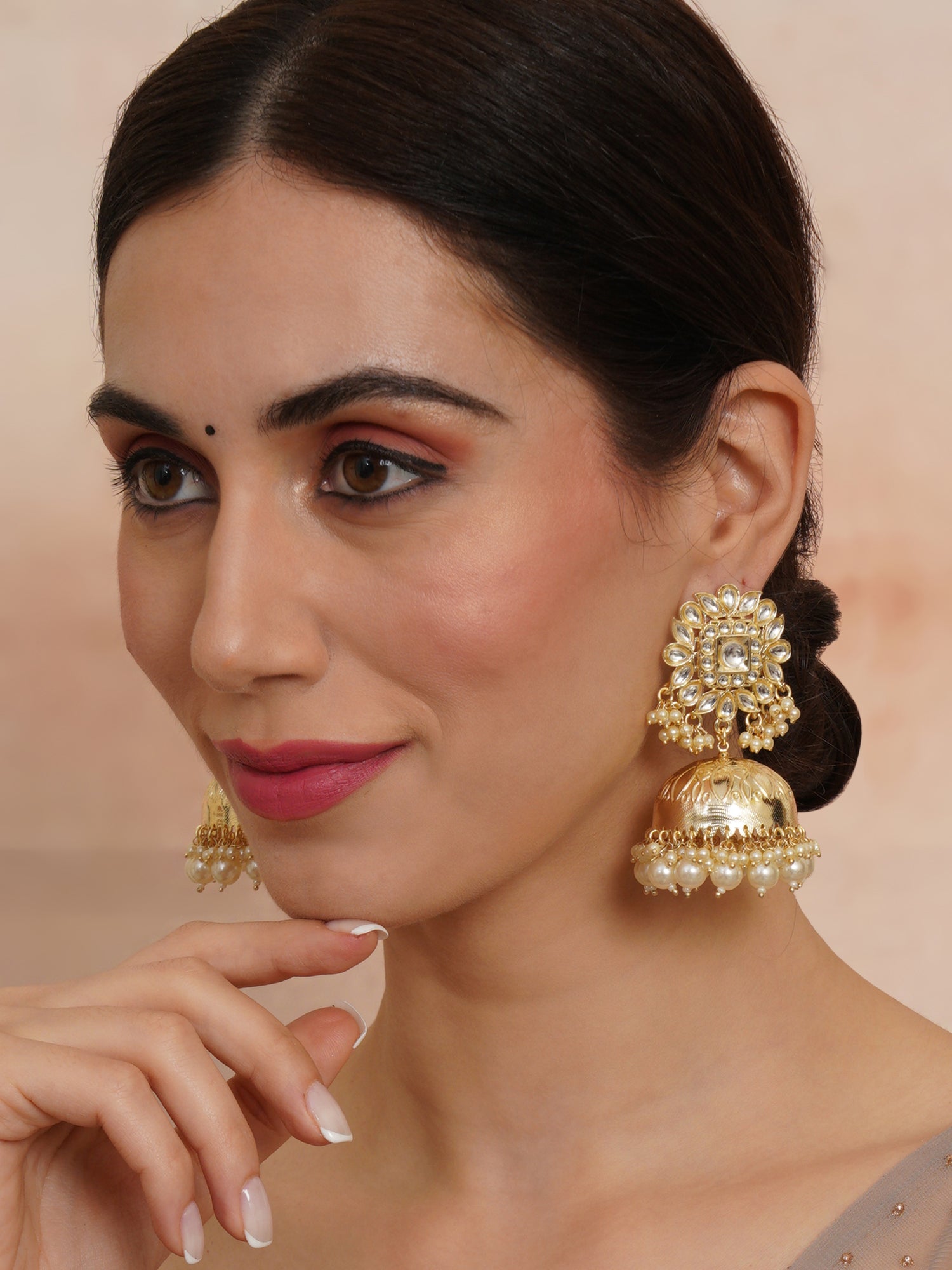 Taksh Creation Gold-Plated Kundan Studded & Beaded Handcrafted Jhumkas